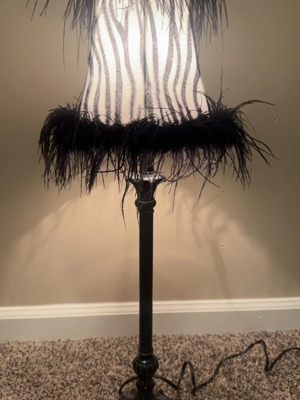 Black Feather Trim Zebra Table Lamp Shade by